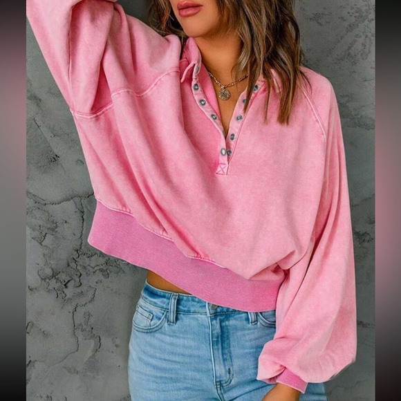 Pink sweatshirt sweater collar balloon sleeves women’s NWT - Picture 4 of 5